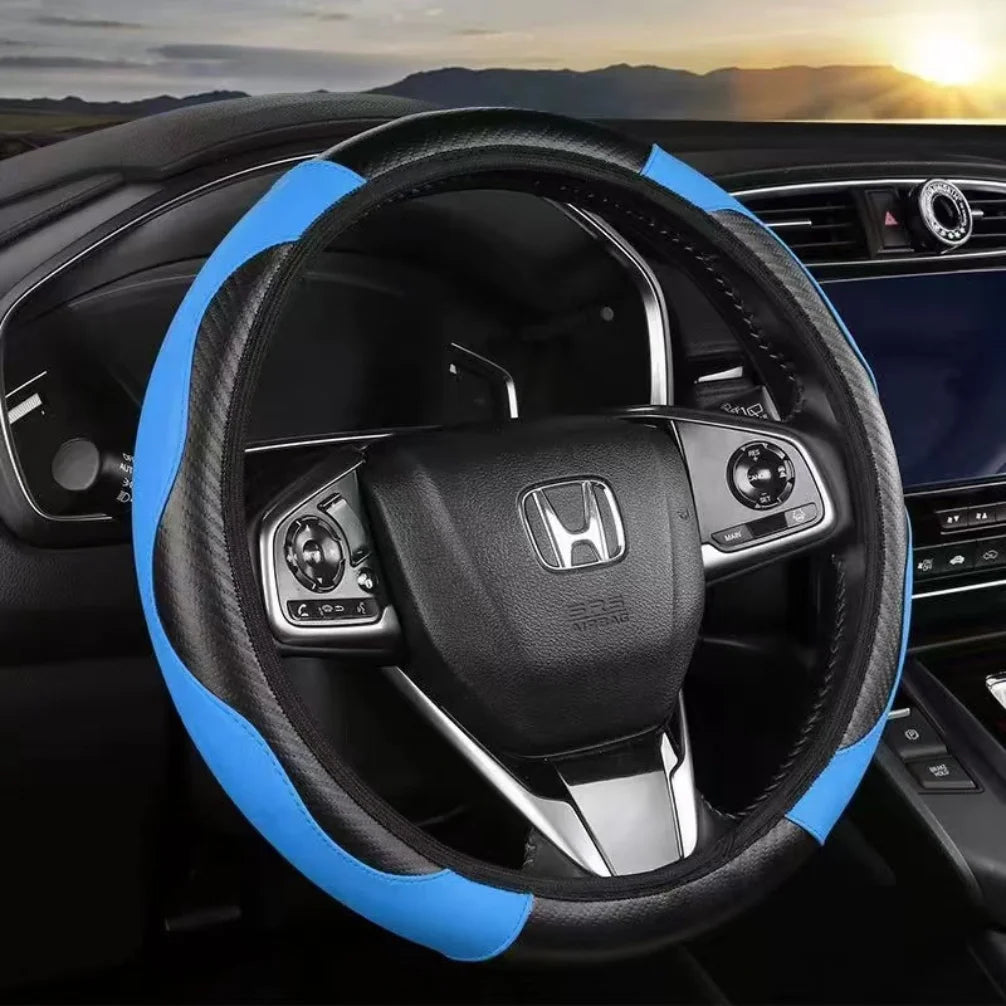Funda para volante de coche transpirable y antideslizante de cuero sintético PU, apta para volantes de 38 cm, decoración para coche de fibra de carbono.