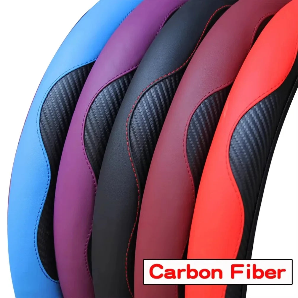 Funda para volante de coche transpirable y antideslizante de cuero sintético PU, apta para volantes de 38 cm, decoración para coche de fibra de carbono.