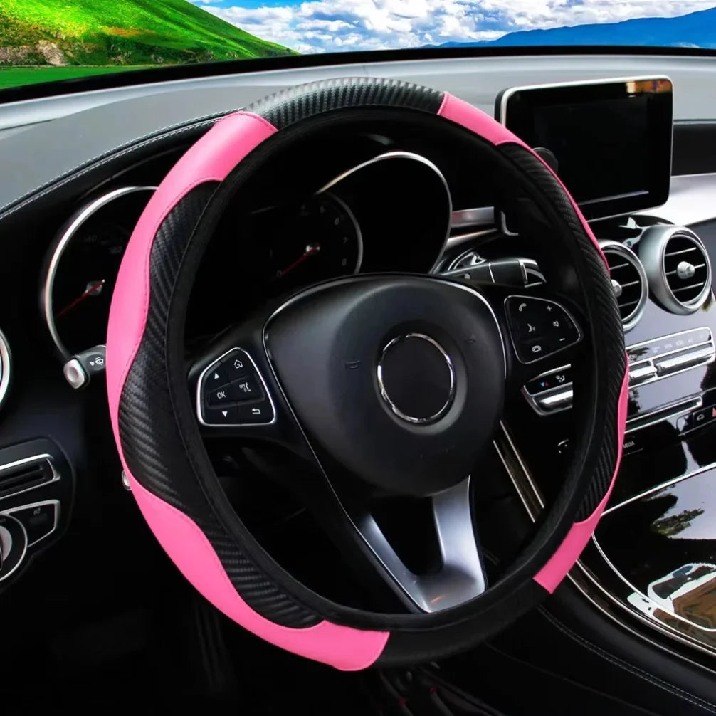 Funda para volante de coche transpirable y antideslizante de cuero sintético PU, apta para volantes de 38 cm, decoración para coche de fibra de carbono.