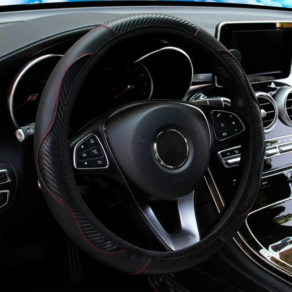 Funda para volante de coche transpirable y antideslizante de cuero sintético PU, apta para volantes de 38 cm, decoración para coche de fibra de carbono.