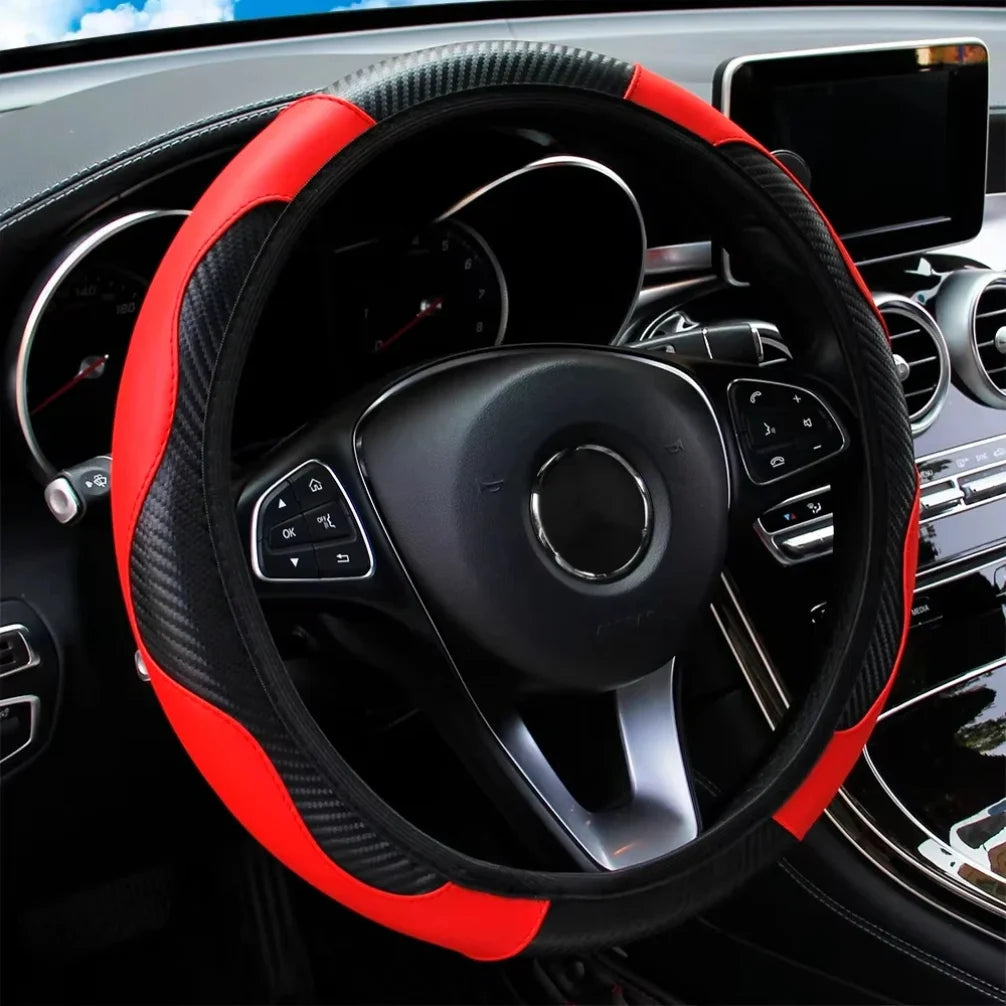 Funda para volante de coche transpirable y antideslizante de cuero sintético PU, apta para volantes de 38 cm, decoración para coche de fibra de carbono.